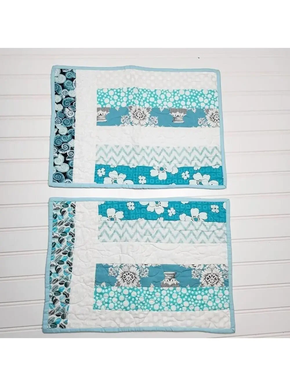 Handmade | Aqua & White Machine Quilted Striped Placemats Set of 2 - 16 x 12 In